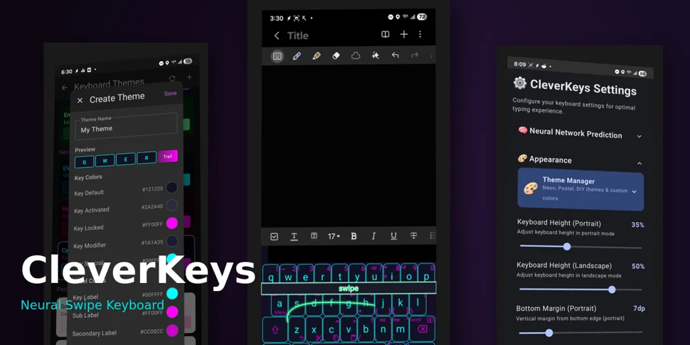 CleverKeys Android keyboard, swipe input, theme editor, and appearance settings.